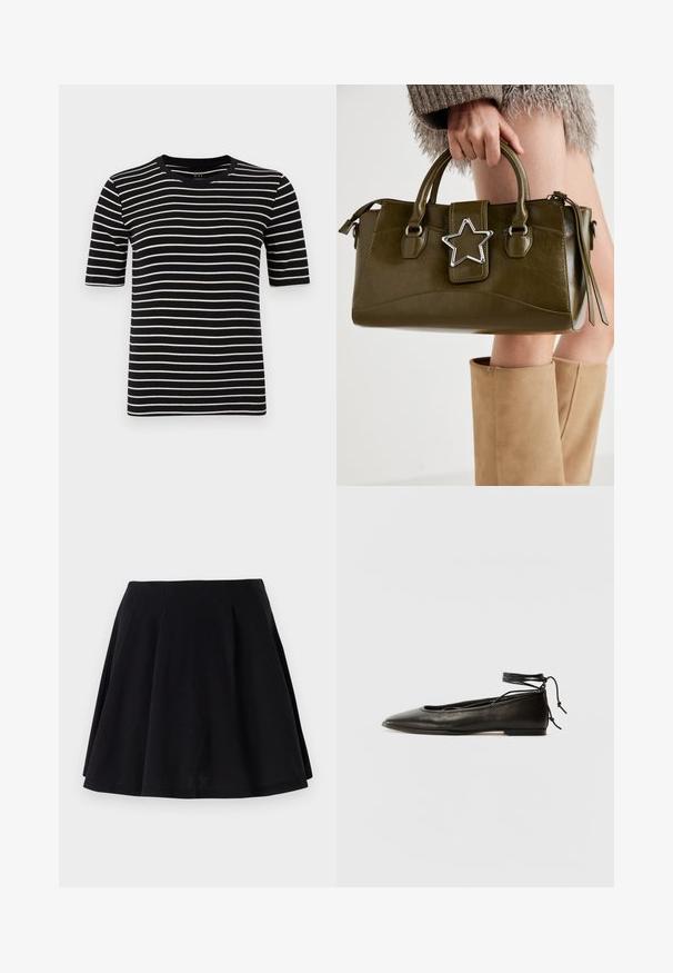 Melnu un baltu svītrotu t-kreklu, īsām piedurknēm, apaļu kaklu, veidotu no mīksta kokvilnas adījuma, ar vienmērīgām svītrām un standarta piegriezumu.; Melna kokvilnas svārki ar izplūdušu siluetu, ar plecušiem jostas apvidū un gludu tekstūru. Piemēroti ikdienas valkāšanai.; Melnas ādas baleta kurpes ar smailu purngalu, potītes saitēm un plakanu zoli, kas izceļas ar gludu tekstūru un minimālistisku dizainu.; Olive zaļš mākslīgās ādas rokassomu ar sudraba zvaigznes akcentu, divām rokturiem un rāvējslēdzēja aizdari. Strukturēta forma un teksturēta virsma.