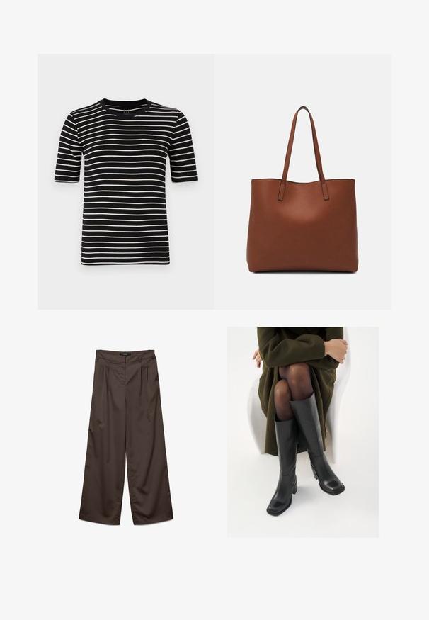 Zwart-wit gestreept t-shirt, korte mouwen, ronde hals, gemaakt van zachte katoenbrei, met gelijkmatige strepen en een standaard pasvorm.; Brede broek in donkerbruin stof met een gladde textuur. Kenmerken zijn onder meer plooien aan de voorkant en een standaard tailleband.; Knieschijf hoge zwarte leren laarzen met een vierkante neus en blokhak, getoond met een model dat zit in een olijfgroene jas. Gladde textuur, minimale details.; Bruine leren tote bag met een gladde textuur, een ontwerp met een open bovenkant en twee schouderbanden. Kenmerkt zich door minimale stiksels en geen zichtbare hardware.
