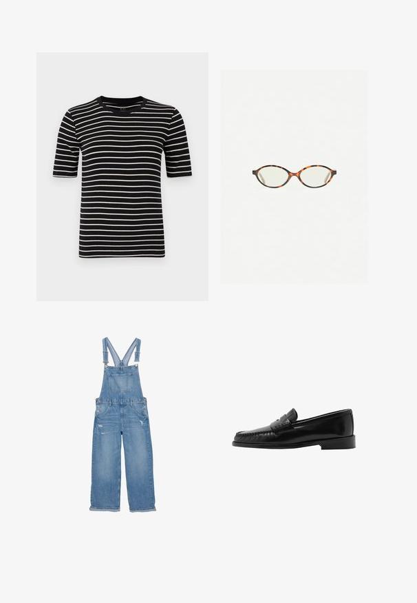 Čierne a biele pruhované tričko, krátke rukávy, okrúhly výstrih, vyrobené z mäkkej bavlnenej pleteniny, s rovnomernými pruhmi a štandardným strihom.; Džínové overally svetlomodrej farby, s nastaviteľnými popruhmi, predným vreckom na hrudi, bočnými gombíkmi a opotrebovaním na nohách.; Čierne kožené mokasíny s zakrivenou siluetou, dekoratívnym pásikom, textúrovaným šitím a plochou gumovou podrážkou. Hladký povrch a elegantný dizajn.; Korytnačkové okuliare s oválnymi šošovkami a hladkým, lesklým povrchom. Majú tenké strany s jemným zakrivením na spánkoch. Priehľadné šošovky.