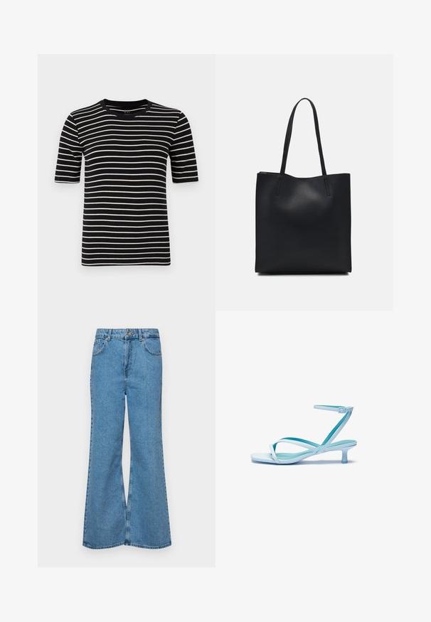 Čierne a biele pruhované tričko, krátke rukávy, okrúhly výstrih, vyrobené z mäkkej bavlnenej pleteniny, s rovnomernými pruhmi a štandardným strihom.; Svetlomodré rozšírené džínsy vyrobené z denimu, s vysokým pásom, piatimi vreckami a jednopoložkovým zapínaním na gombík. Mäkká textúra s vyblednutým povrchom.; Svetlomodré sandále na remienkoch so štvorcovou špičkou, nízkym opätkom, nastaviteľným remienkom na členku a hladkým, lesklým povrchom. Prekrížené remienky na stielke.; Čierna kožená taška na rameno s hladkým povrchom, obdĺžnikovým tvarom a dvoma dlhými uchami. Bez viditeľného kovania alebo ozdôb.