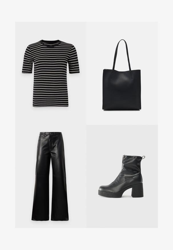 Majica s crno-bijelim prugama, kratki rukavi, okrugli ovratnik, napravljena od mekog pamučnog pletiva, s ravnomjernim prugama i standardnom kroju.; Crne visoke široke hlače od umjetne kože s prednjim gumbom, zatvaranjem na zip, petljama za pojas i bočnim džepovima na bijeloj pozadini.; Crne gležnjače od glatke kože, s bočnim zatvaračem, debelim teksturiranim potplatom i dizajnom s zaobljenim prstima.; Crna kožna torba za nošenje s glatkom teksturom, pravokutnim oblikom i dvije duge ručke. Nema vidljivih metalnih dijelova ili ukrasa.