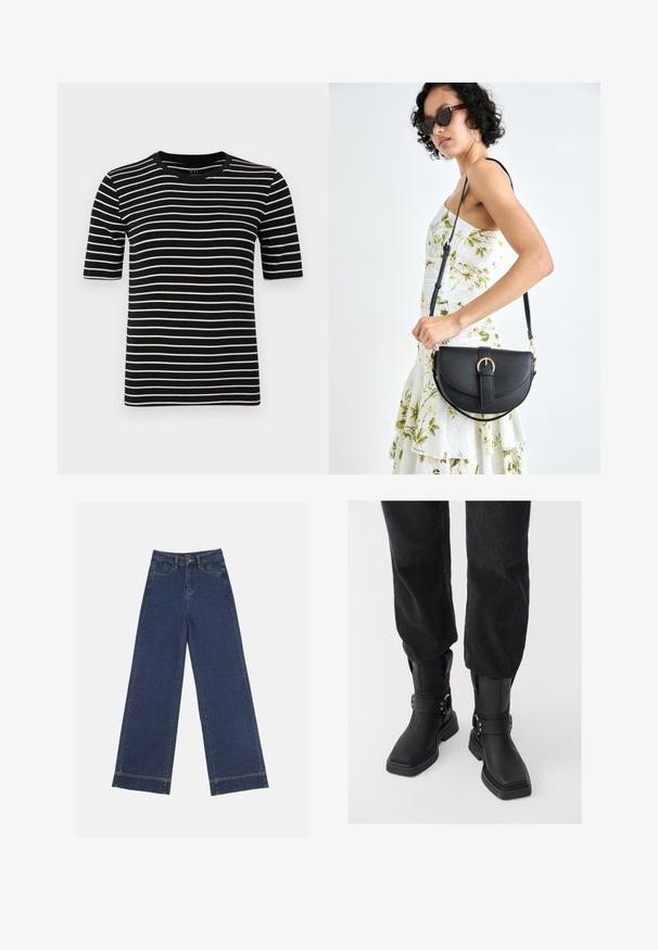 Fekete-fehér csíkos póló, rövid ujjakkal, kerek nyakkal, puha pamut kötésből készült, egyenletes csíkokkal és standard szabással.; Sötétkék denim széles lábú farmernadrág. Öt zsebbel, övhurkokkal és nyers szegéllyel az alján, amelyen látható varrási részletek találhatók.; Fekete bőr bokacsizmák négyzet alakú orral, széles pánttal és fém csattal. A csizmák vastag talppal és sima felülettel rendelkeznek.; Fekete bőrtáska ívelt formával, levehető pánttal és arany színű fémrészekkel. A táskán egy csattal díszített fedél található.