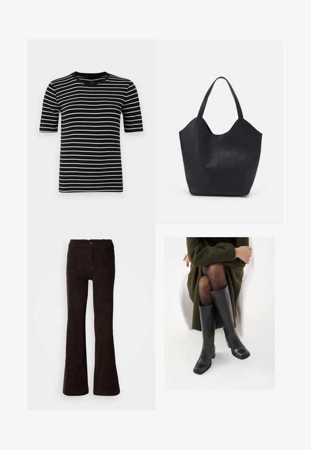 Gestreiftes T-Shirt in Schwarz und Weiß, kurzärmelig, mit rundem Hals, aus weichem Baumwollstrick gefertigt, mit gleichmäßigen Streifen und standardmäßiger Passform.; Braune Cordhose mit ausgestelltem Bein und strukturierter Oberfläche, ausgestattet mit einem vorderen Knopfverschluss, Gürtelschlaufen und zwei Gesäßtaschen.; Knöchelhöhe schwarze Lederstiefel mit quadrater Spitze und Blockabsatz, gezeigt mit einem Modell, das einen olivgrünen Mantel trägt. Glatte Textur, minimale Details.; Schwarze Tote-Bag aus glattem Leder, mit einem abgerundeten, offenen Oberteil, zwei Schulterträgern und einem minimalistischen Design.