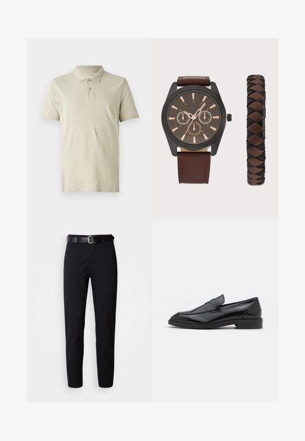 Šviesiai ruda polo marškinėliai, pagaminti iš medvilnės, su trimis mygtukais, trumpomis rankovėmis ir švelniu logotipu ant krūtinės. Lygi tekstūra.; Juodi kelnių modeliai su tiesiu kirpimu, turintys lygų paviršių ir juodas odinis diržas su sidabriniu sagtimi. Paprastas dizainas, be raštų ar akcentų.; Juodos odinės loafers batai su lygiu paviršiumi, turintys apvalią noselę ir siaurą juostelę per viršų. Žemas sluoksnis kulnas.; Pier One SET - Laikrodis - black/brown