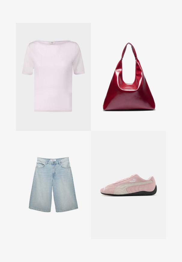 T-shirt rose clair à manches courtes en tissu doux. Présente un décolleté bateau et une coupe décontractée avec des bords soigneusement finis.; Shorts en denim bleu clair avec une coupe large, dotés de cinq poches, passants de ceinture et fermeture éclair. Texture lisse avec un léger délavage.; Baskets en suède rose avec accents gris, design épuré, tige texturée et semelle en caoutchouc noir. Présente le logo Puma sur le côté.; Sac à main en cuir laqué rouge de forme triangulaire, avec une large ouverture en haut et une seule anse courbée. Texture lisse avec des détails de couture minimaux.