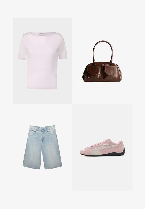 T-shirt rose clair à manches courtes en tissu doux. Présente un décolleté bateau et une coupe décontractée avec des bords soigneusement finis.; Shorts en denim bleu clair avec une coupe large, dotés de cinq poches, passants de ceinture et fermeture éclair. Texture lisse avec un léger délavage.; Baskets en suède rose avec accents gris, design épuré, tige texturée et semelle en caoutchouc noir. Présente le logo Puma sur le côté.; Sac à main en cuir brun avec deux poches à rabat sur le devant, poignées arrondies et une fermeture éclair sur le côté sur fond blanc.
