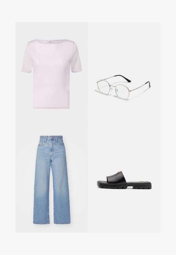 T-shirt rosa chiaro a maniche corte realizzata in tessuto morbido. Presenta un colletto a barca e una vestibilità comoda con bordi rifiniti con cura.; Jeans a vita alta blu chiaro con gamba larga, chiusura frontale con bottone e zip, tasche anteriori e posteriori, su uno sfondo bianco.; Mule nere con una tomaia in pelle liscia e opaca e una suola in gomma spessa e testurizzata. Accento in oro notevole sulla tomaia. Design semplice e aperto.; Occhiali da vista rotondi in metallo con una sottile montatura argentata, lenti trasparenti e templi neri con punte in gomma per il comfort. Design minimalista.