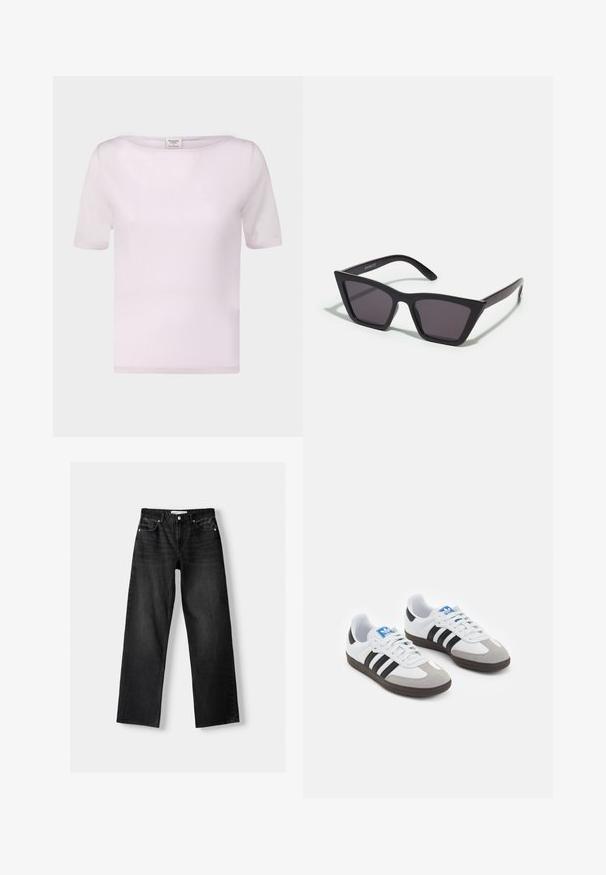 T-shirt rose clair à manches courtes en tissu doux. Présente un décolleté bateau et une coupe décontractée avec des bords soigneusement finis.; Bershka Jean droit - mottled dark grey; Baskets avec une tige en cuir blanc, un bout en daim gris et trois bandes noires. Présente un logo bleu sur la languette et une semelle en caoutchouc texturée.; Lunettes noires angulaires avec des verres gris ; fabriquées en plastique, avec des branches épaisses à la surface lisse et sans matériel visible.; Pochette en métal doré avec une texture lisse, dotée d'un rabat en forme de triangle. La main qui la tient a des ongles soigneusement manucurés.