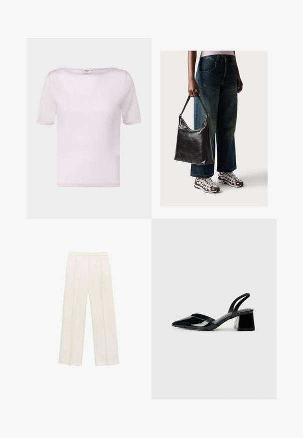 Helles rosa T-Shirt mit kurzen Ärmeln aus weichem Stoff. Mit einem Bootsausschnitt und einer lässigen Passform, die ordentlich finishing-Details aufweist.; Weit geschnittene Hosen in einem hellen cremefarbenen Farbton. Hergestellt aus einem glatten Stoff mit Falten an der Vorderseite und seitlichen Taschen.; Schwarze Lackleder-Slingback-High Heels mit spitzem Schuh und einem geometrischen Blockabsatz. Verfügt über ein schlankes, minimalistisches Design und eine glatte Textur.; Schwarze Leder-Schultertasche mit glatter Textur und verstellbarem Riemen, kombiniert mit ausgewaschenen weit geschnittenen Jeans und sportlichen Sneakern.