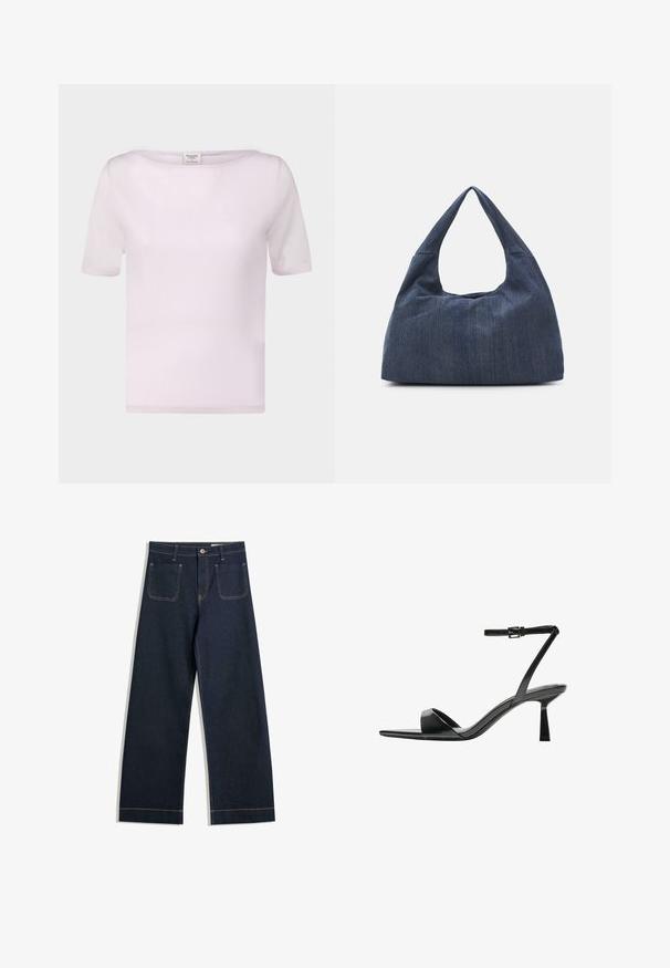 T-shirt rose clair à manches courtes en tissu doux. Présente un décolleté bateau et une coupe décontractée avec des bords soigneusement finis.; Jean large en denim bleu foncé avec des coutures contrastantes beiges, deux poches arrière et une fermeture à boutons à la taille.; Bershka Sandales à talons hauts - black; Sac en denim bleu foncé avec une forme douce et flasque, doté d'une anse de style hobo et d'une surface texturée. Aucune accent matériel visible.