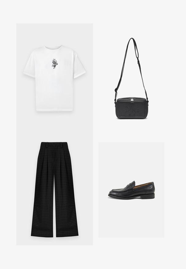 T-shirt bianco in cotone con maniche corte e scollatura a girocollo, caratterizzato da un design grafico nero al centro che mostra elementi astratti.; Pantaloni a gamba larga a scacchi neri con pieghe, caratterizzati da una texture liscia e un design classico. Tessuto leggero per il massimo comfort.; Mocassini in pelle nera con finitura liscia, punta arrotondata e cuciture decorative sulla tomaia. Tacco basso impilato e leggero lucido.; Borsa a tracolla nera in pelle con chiusura zip, logo impresso sul davanti e tracolla regolabile. Texture liscia con forma rettangolare.