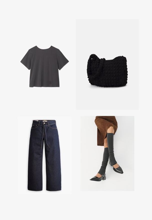 Camiseta de manga corta en gris oscuro con cuello redondo, hecha de una tela suave; presenta un logo sutil en la parte inferior y un corte holgado.; Jeans de mezclilla oscuros de pierna ancha con cintura alta, que cuentan con un lazo ajustable, cinco bolsillos y detalles de costura en contraste.; Zapatos de charol negros con punta afilada, tacón bloque y tira de tobillo, combinados con calentadores de piernas de canalé grises y una falda de ante marrón.; Bolsa de tela negra con un patrón texturizado y acolchado. Forma redondeada, asas cortas y gruesas, y una estructura blanda y flexible.