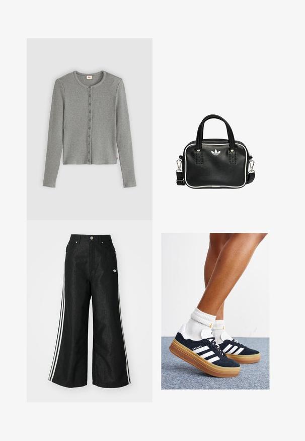 Grå ribbad cardigan med långa ärmar, rund halsringning och knäppning fram. Mjuk textur med en figurnära form och subtil varumärkespanel.; Svarta vida denimbyxor med tre vita ränder på varje sida och en liten vit logotyp. Har framfickor och knäppning med knapp.; Svarta sneakers i mocka med vita ränder och detaljer, rundad tå, yttersula i gummiblandning, kombinerade med vita ribbade crew-strumpor.; Svart läderhandväska med två korta handtag, silverfärgade detaljer, vita accenter och en vit logotyp. Har en texturerad yta och en kompakt design.