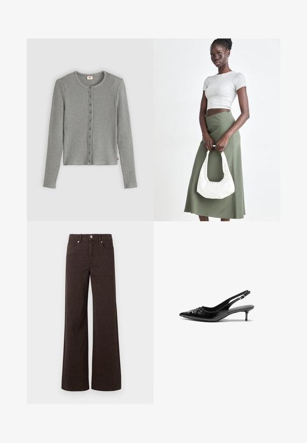 Gray ribbed cardigan with long sleeves, round neckline, and button front closure. Soft texture with a fitted shape and subtle branding tag.; Brown wide-leg jeans featuring a subtle leopard pattern, crafted from denim with a smooth texture and classic five-pocket design.; Black leather slingback heels with a pointed toe, low kitten heel, and gathered detail on the vamp. Smooth texture and minimalist design.; Gray ribbed crop top and olive green high-waisted skirt. Model holds a white shoulder bag with cut-out detailing. Simple design, fitted silhouette.