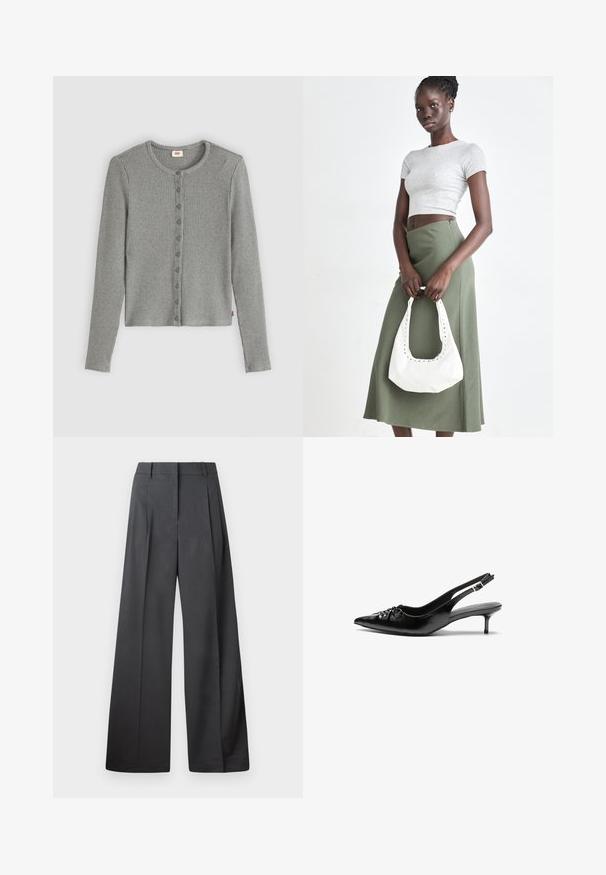 Hall ribane kardigan pika pikkade varrukatega, ümmarguse kaelustega ja nööbist kinni pandud ees. Pehme tekstuur, sobiv kuju ja diskreetne brändingu silt.; Tumesed püksid tumesinises kangas, kõrge vöökoht, üks voldik ning sile struktuur puhaste ääristega.; Musthave nahkased kõrged kontsad, millel on terav varvas, väike kitten-kont ja dekoratiivne sõlm ees. Ühtlane sile tekstuur.; Hallid hall pitsakene ja oliiviroheline kõrge vöökohtadega seelik. Mudel hoiab käes valget õlakotit, millel on lõikega detailid. Lihtne disain, vormiline siluett.