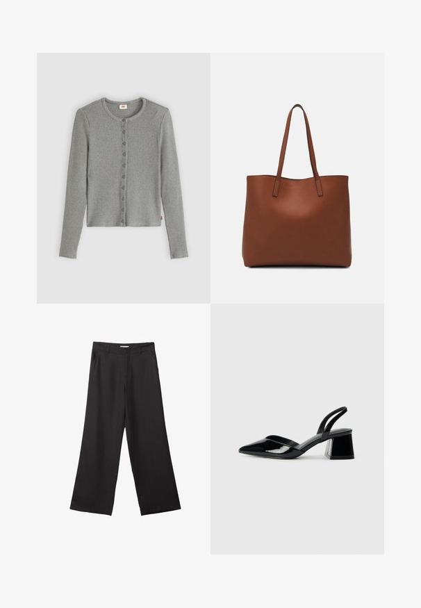 Sivá rebrasta jopica z dolgimi rokavi, okroglim ovratnikom in gumbnim zapiranjem. Mehka tekstura z oprijetim krojem in diskretno oznako blagovne znamke.; Črne široke hlače iz gladkega materiala, z sprednjim zadrgo in dvema stranskima žepoma, s prilagojenim krojem in minimalističnim dizajnom.; Črne lakirane slingback pete s koničastim nosom in geometrijsko blokasto peto. Imajo eleganten, minimalističen dizajn in gladko teksturo.; Rjava usnjena torba z gladko teksturo, odprto zasnovo zgoraj in dvema naramnima trakovoma. Opremljena je z minimalnim šivanjem in brez vidnih kovinskih delov.