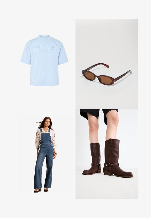 Lyseblå kortærmet top med høj hals, der har intrikate hvide broderede blomsterdesigns på forsiden. Blødt bomuldsmateriale.; Jeansoveralls med en scalloped design på selerne, flared ben og sidelommer. Sammen med en hvid broderet bluse og trætilbehør.; Brune læder knæhøje støvler med rund tå, struktureret overflade, ankelrem og sølvhardware detaljer; stablet hæl.; Runde, bruntonede solbriller med en glansfuld bordeauxramme. Slanke arme med diskret brandingdetalje. Flad linsedesign.
