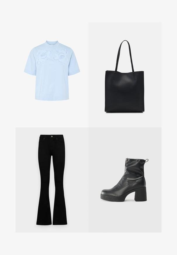 Lyseblå kortermet topp med høy hals, prydet med intrikate hvite broderte blomsterdesign på forsiden. Mykt bomullsmateriale.; Sorte høytlivsjeans med knapp og glidelås, frontlommer og utsvingte bein liggende flatt på en hvit bakgrunn.; Svarte ankelstøvler laget av glatt lær, med glidelås på siden, chunky strukturert hæl, og rund tå-design.; Svart lær tote bag med glatt tekstur, rektangulær form og to lange håndtak. Ingen synlige deler eller dekorasjoner.