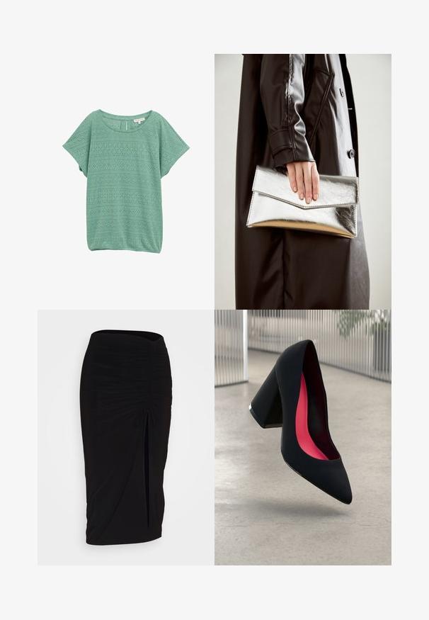 Jasnozielona, krótko rękawowa bluzka z teksturowanym wzorem ażurowym, z diamentowymi i falistymi motywami, okrągłym dekoltem i luźnym krojem.; Czarna, marszczona spódnica typu ołówkowego z węzłem i bocznym rozcięciem. Wykonana z elastycznego materiału, o gładkiej fakturze i dopasowanym kroju.; Czarna szpilka o spiczastym nosie, z teksturowaną powierzchnią i intensywnie różowym wnętrzem. Posiada masywny obcas z srebrnym akcentem.; Srebrna metaliczna kopertówka o kształcie kątowym, gładka w dotyku, z kontrastowym kolorem wewnątrz, trzymana w ręce noszącej czarny płaszcz.