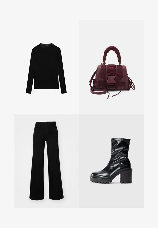 Black long-sleeve T-shirt made from cotton, featuring a crew neckline and a smooth texture. Minimalist design with no patterns or accents.; Black wide-leg pants made of denim, featuring a structured waistband, belt loops, and front pockets. Smooth texture with a classic design.; Black mid-calf leather boot with chunky block heel and ridged sole, shown in profile on a plain light background.; Steve Madden BDIEGO - Handbag - cranberry