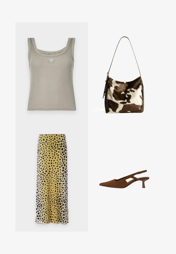 Canottiera a righe color khaki con scollo quadrato, caratterizzata da un piccolo dettaglio triangolare metallico centrato sul petto. Tessuto morbido e testurizzato.; Gonna midi gialla e nera a pois realizzata in tessuto leggero, caratterizzata da una texture liscia e un taglio dritto con orlo.; Scarpa slingback in suede marrone con punta affilata, design a intaglio e tacco sottile. Presenta una fascia con fibbia e una fodera interna liscia.; Borsa a spalla in pelle bovina marrone e crema con tracolla in pelle liscia, chiusura con zip e superficie morbida e testurizzata con un motivo naturale.