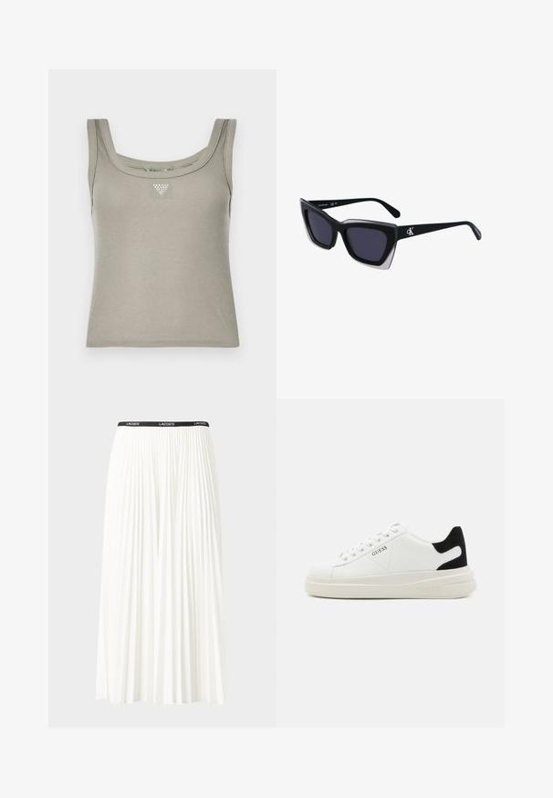 Khaki ribbed tank top with a square neckline, featuring a small metallic triangle detail centered on the chest. Soft, textured fabric.; Pleated white skirt with a black elastic waistband featuring the "LACOSTE" logo. Mid-length design with soft texture.; White leather sneakers with a thick white sole, black suede heel accent, and embossed logo on the side. Laced design with six eyelets.; Black oversized sunglasses with a geometric shape, featuring dark lenses and a contrasting grey detail on the frame. Logo on the arm.