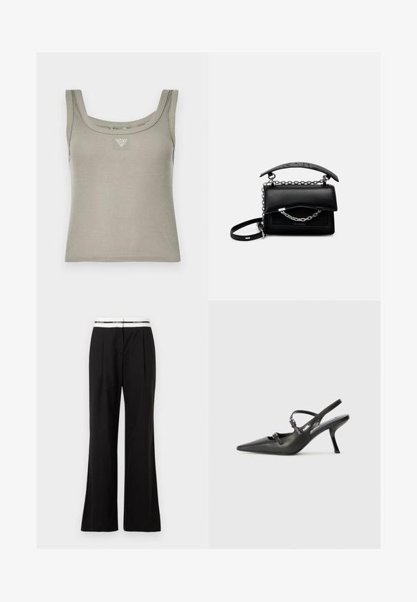 Khaki ribbed tank top with a square neckline, featuring a small metallic triangle detail centered on the chest. Soft, textured fabric.; Black trousers with a relaxed fit, featuring a white elastic waistband with branding. Made of smooth fabric with a slight sheen.; Black leather slingback heels with a pointed toe, slender heel, and decorative buckle detail on the vamp. Smooth texture and sleek design.; Black leather handbag with a structured design, chain and handle accents, and a textured surface. Features a flap closure with branding visible.