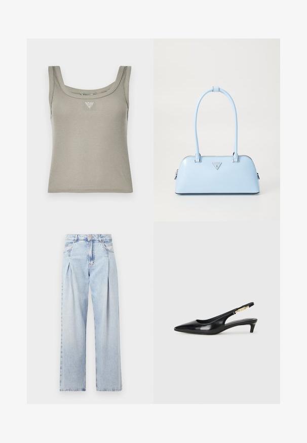 Khaki žebrované tílko s čtvercovým výstřihem, s malým kovovým trojúhelníkovým detailem umístěným na hrudi. Měkká, texturovaná látka.; Světlé modré džíny z denimu s vysokým pasem, širokým střihem, dvěma bočními kapsami a nařaseným designem. Měkká textura s vybledlým povrchem.; Černé kožené boty na podpatku s otevřenou patou a špičatou špičkou, s tenkým podpatkem a zlatým akcentem na nastavitelném pásku. Hladký povrch.; Světle modrá kabelka se strukturovaným tvarem, hladkou koženou texturou, dvěma uchy a trojúhelníkovým logem značky na přední straně. Uzavření na zip.