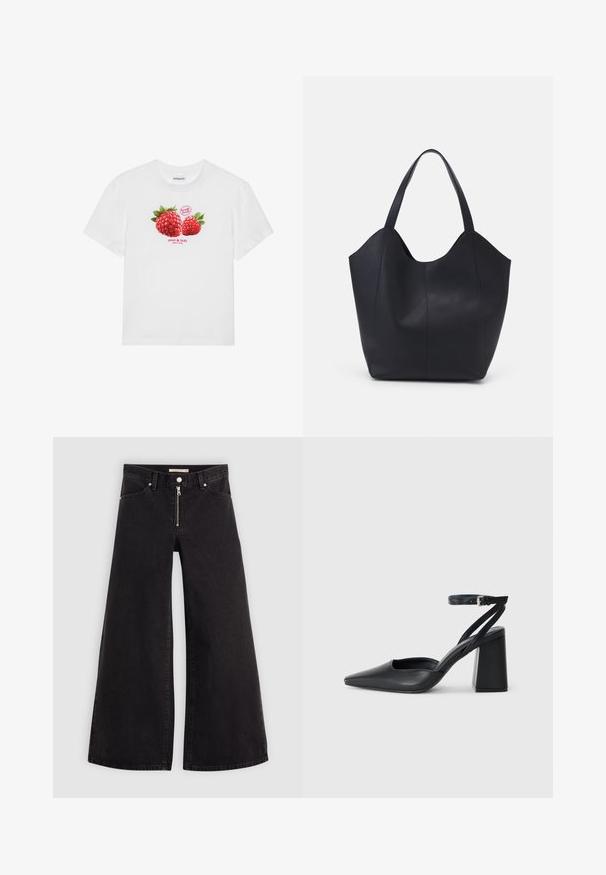 Balta kokvilnas T-krekla ar grafiku, kurā attēlotas divas sarkanas avenes ar zaļām lapām, un zem tām ir teksts "svaigi augļi" un "saldi un gardi".; Platas kājas džinsi melnā džinsa audumā ar rāvējslēdzēju priekšā, piecu kabatu dizains un smalkas šuvju detaļas. Gluda tekstūra un ikdienišķs stils.; Melna ādas augstpapēžu kurpe ar norakstīto purngala formu, potītes siksniņu un masīlu papēdi. Gluda tekstūra, elegants dizains un minimālisma estētika.; Melnas rokassomas, kas izgatavota no gludas ādas, ar izliekto atvērto augšu, divām plecu jostām un minimālistisku dizainu.