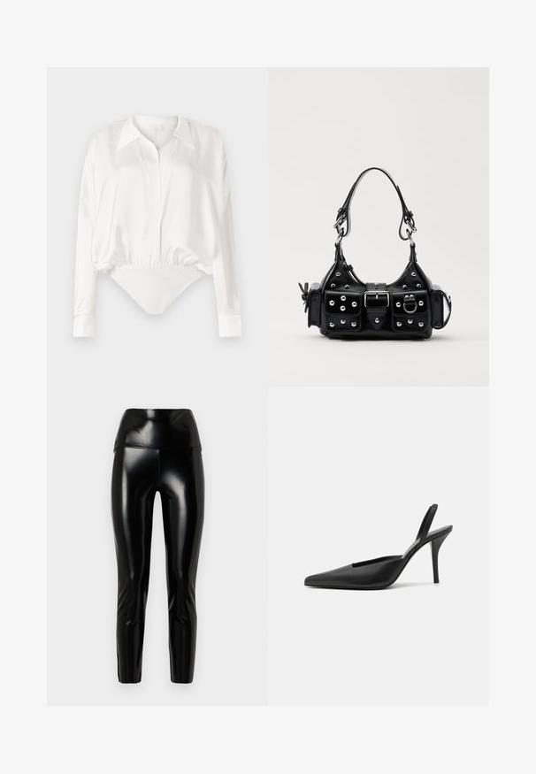 Bela dolgi rokav bodysuit z ovratnikom, elastičnim pasom in gladkim satenastim zaključkom z gumbastimi manšeti.; Črne legice iz umetnega usnja z visokim pasom, gladko teksturo, zoženimi nogami in sijočim finišem. Brez vidnih šivov ali okrasov.; Črne slingback pete z ostrim nosom, iz gladke usnjene materiala in s prefinjenim, minimalističnim oblikovanjem. Visoka stiletto peta.; Črna usnjena torbica s ukrivljenim dizajnom, ki vsebuje srebrne žebljičke, zaponko in dve stranski žepki. Nastavljiv trak za različne možnosti nošenja.