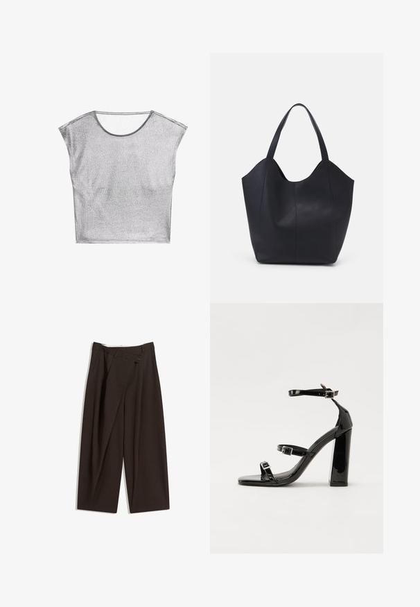 Siva kratka majica s kratkimi rokavi, narejena iz kovinskega, sijočega blaga. Ima širok izrez in ohlapen, kvadraten kroj. Mehka tekstura in minimalni šivi.; Temno rjave široke hlače z visokim pasom, ki imajo en gumb za zapiranje in zamaščen sprednji del. Narejene so iz lahkega blaga.; Črne lakirane sandale s peto, kvadratnim prstom, trakovi okrog gležnja in srebrnimi zaponkami. Opremljene so s stabilno Debelo peto.; Črna torba v obliki tote iz gladke usnjene površine, ki ima ukrivljen odprt vrh z dvema naramnicama in minimalističnim dizajnom.