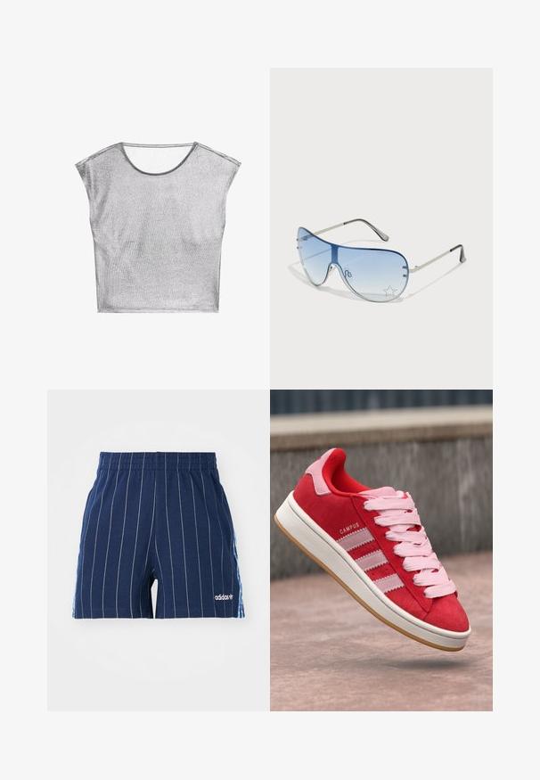 Stříbrný top s krátkým rukávem vyrobený z kovového, třpytivého materiálu. Má široký výstřih a volný, hranatý střih. Měkká textura a minimální švy.; Námořnické modré šortky s bílými proužky, elastickým pasem a logem Adidas. Mají modré akcenty po stranách a jsou vyrobeny ze směsi bavlny.; Červené semišové tenisky s růžovými akcenty, se třemi bílými pruhy a světle růžovými tkaničkami. Bílé mezipodešve a podešev z gumy.; Pilotské sluneční brýle s modrými gradientními skly, stříbrným kovovým rámem a dekorativními hvězdnými akcenty na sklech. Hladký a elegantní design.