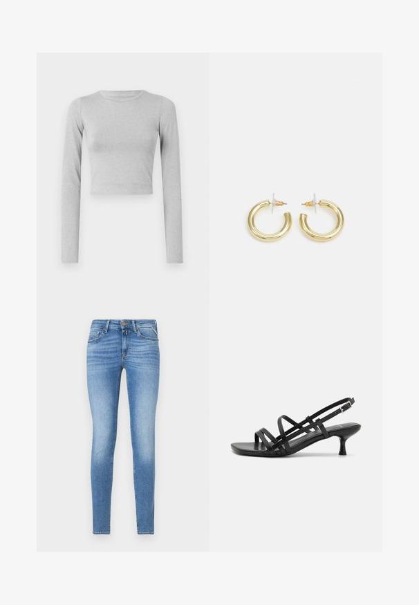 Világosszürke, rövidített, hosszú ujjú felső rugalmas anyagból, egyszerű kerek nyakkivágással és sima textúrával.; Vékony fit világoskék farmernadrág, közepes derekú, elöl gombbal, öt zsebes kialakítással.; Fekete magassarkú szandálok több keresztben átkötött pánttal. Simább anyag, hegyes orr és keskeny sarok. Állítható bokapánt kapcsos rögzítéssel.; Arany fülbevalók sima, fényes felülettel. Kör alakú dizájn, amely kis kapoccsal és átlátszó tartozékkal rendelkezik a biztonságos viselés érdekében.