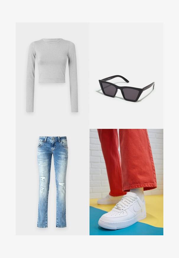 Ljust grått kortärmat linne i ett elastiskt tyg, med en enkel rund halsringning och en slät yta.; Ljust blå denimjeans med en avslappnad passform, som har slitna detaljer, en knappgylft med två knappar och raka ben.; Vita lädersneakers med perforerat tåparti, texturerad sula och vita snören, kombinerat med vida röda byxor och en blå och gul bakgrund.; Svarta, vinklade solglasögon med grå linser; tillverkade av plast, med tjocka skalmar med en slät yta och utan synlig hårdvara.