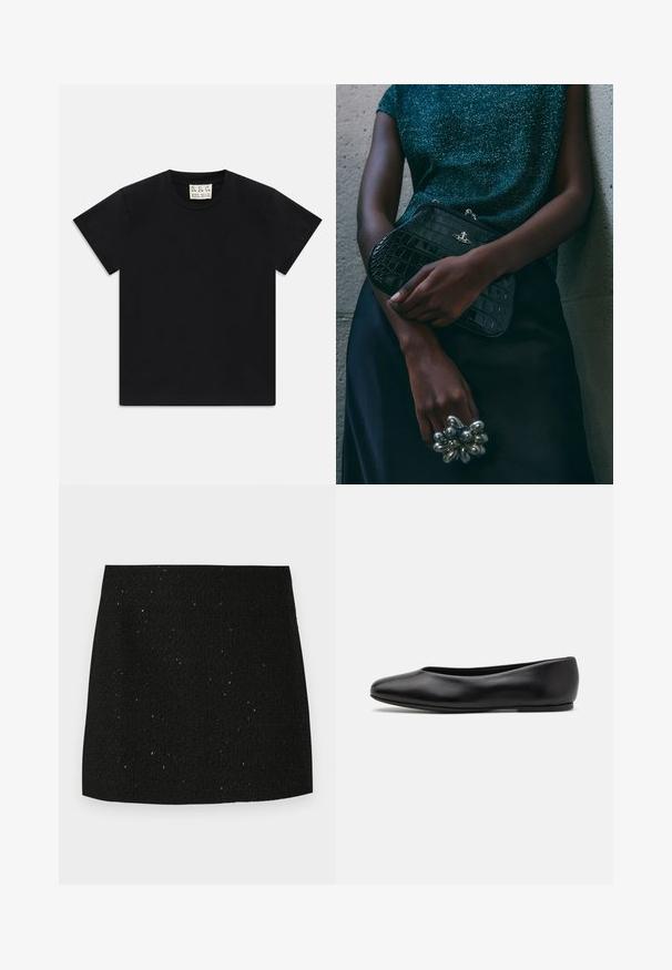 Black short-sleeve crew neck t-shirt with a white tag inside the collar labeled "D.R.C. EST. 2002" on a white background.; Black textured mini skirt with subtle shiny speckles, straight cut, and no visible embellishments or patterns.; Paul Smith TOPANGA - Ballet pumps - black; Black crocodile-patterned clutch bag with silver hardware, held against a textured gray background. Features a shiny surface.
