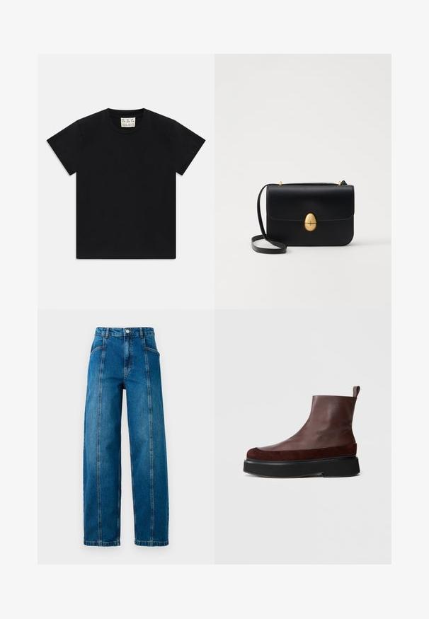 Camiseta preta de manga curta com decote redondo e uma etiqueta branca dentro do colarinho rotulada "D.R.C. EST. 2002" sobre um fundo branco.; Calças de ganga azuis de cintura alta, com pernas largas, costuras verticais frontais, bolsos laterais, passantes para cinto e fecho com botão.; Botas de tornozelo em pele castanha com uma sola de plataforma preta robusta, apresentando uma textura suave e uma pequena alça na parte de trás para facilitar o calçar.; Bolsa de mão em couro preto com uma forma rectangular estruturada. Apresenta um fecho oval dourado e uma alça para o ombro fina. Textura suave.