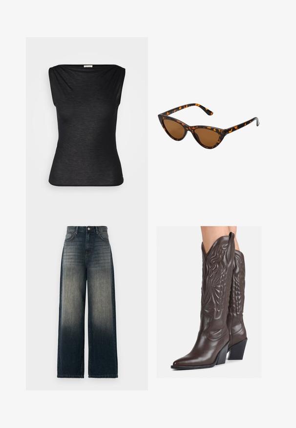 Abercrombie & Fitch CHASE SHEER DRAPED - Viršus - black; Plati kojinės džinsai tamsiai mėlynos spalvos, su išblukusiu gradientu nuo tamsios iki šviesios, turintys penkis kišenes ir kontrastingas siuvimo detales.; Rudos odinės kaubojaus batai su smailiu priekiu ir blokuotu kulnu, pasižymintys detaliu siuvinėjimu ir iškiliais akcentais ant ašies.; Katės akies saulės akiniai su juodu ir oranžiniu šarvuotu rėmeliu, ruda objektyvu ir elegantiškais, smailiais galiukais. Rėmelyje yra minimalus logotipas ant šventės.