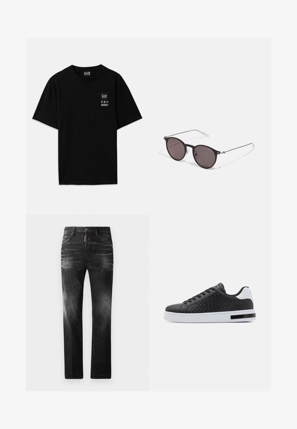 Melnas kokvilnas T-krekls ar īsām piedurknēm, apaļo kakla izgriezumu un nelielu logotipa birku priekšpusē ar baltiem apzīmējumiem par kopšanu.; Melni džinsi no denima ar taisnu piegriezumu. Iespējas ietver izbalējušas vietas, nelielas nodiluma pazīmes, klasisko piecu kabatu dizainu un pogu aizdari.; Melnās ādas sporta apaviem ir struktūrēta ģeometriska raksts sānos, baltā zole un melni akcenti, kas papildina izsmalcinātu dizainu.; Melni apaļi saulesbrilles ar tumšiem lēca un plānām metāla stangām. Iekļautas caurspīdīgas tempļu galviņas un sudraba akcenti pie eņģes. Minimalistisks dizains.