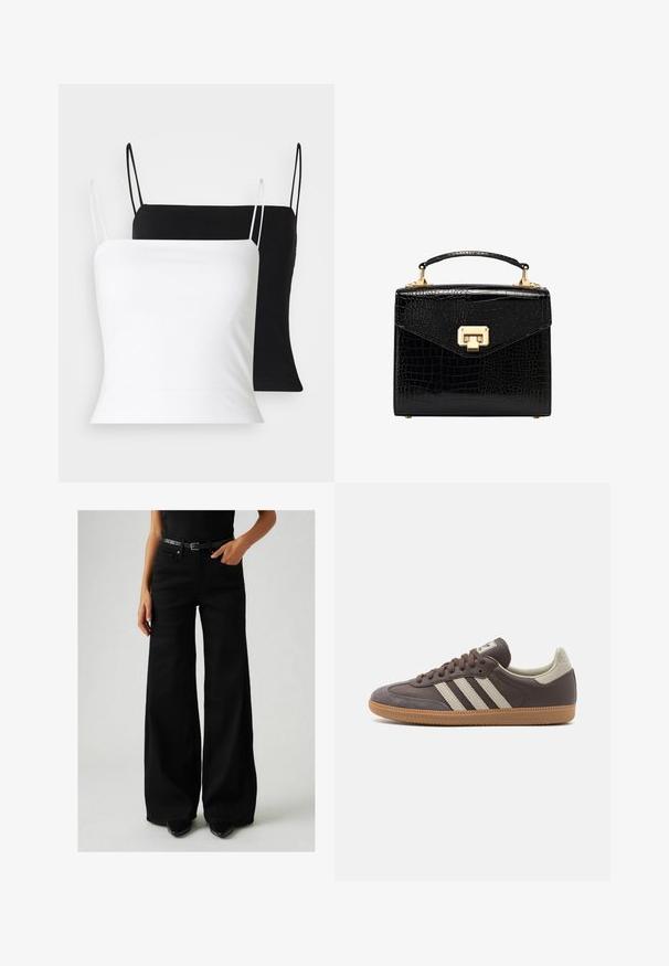 Gina Tricot SCARLETT SHORT SINGLET 2 PACK - Top - black/white; Jeans neri a gamba larga con vita alta, realizzati in denim. Presentano una cintura nera con fibbia regolabile e tasche laterali. Cuciture dettagliate visibili.; Sneaker in pelle marrone con tre strisce chiare, suola in gomma, punta arrotondata e dettagli in suede texture sul tallone e sulla punta.; Borsa nera in pelle faux-coccodrillo con design strutturato, hardware dorato, manico superiore e chiusura a patta magnetica.