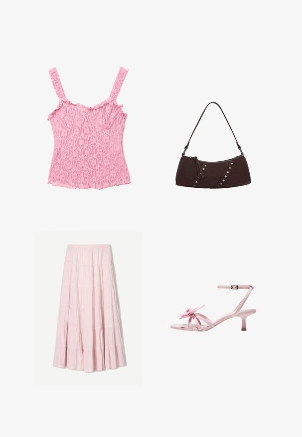 Lace top met dunne, gerimpelde bandjes in lichtroze. Heeft bloemenpatronen en een gestructureerde afwerking, met een aansluitende pasvorm en een golvende zoom.; Lichtroze, gelaagde maxi-rok van een gestructureerde, lichte stof. Elastische tailleband en vloeiende zoom met ruches.; Roze gepatineerde leren sandalen met hakken en een bloemaccent op de teen, met een verstelbare enkelband en een slanke, korte hak.; Bruine synthetische leren handtas met een gebogen vorm, ritssluiting en decoratieve zilveren studs aan één kant. Voorzien van een korte schouderband.