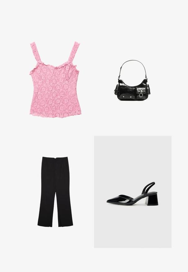 Čipkasta bluzica s tankim, nabranim naramenicama u svijetlo ružičastoj boji. Sadrži cvjetne uzorke i teksturiranu površinu, s oblikom koji se lijepo prilagođava tijelu i valovitim rubom.; Crne hlače ravnog kroja, s prednjim džepovima i bočnim prorezima na rubu. Izrađene od mekog i glatkog materijala. Pogodne za razne prigode.; Crne lakirane kožne sandale s otvorenom petom i špicastim vrhom, s geometrijskom blok petom. Imaju elegantan, minimalistički dizajn i glatku teksturu.; Crna patentna kožna torba s zakrivljenim oblikom, jednim remenom za rame, prednjim džepovima i akcentima od srebrnog tona.
