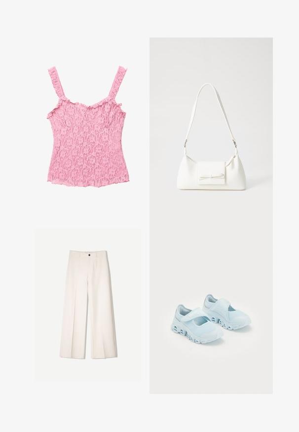Világos rózsaszín csipke felső vékony, fodros pántokkal. Virágmintás, textúrás felülettel rendelkezik, testhezálló fazonnal és hullámos szegéllyel.; Tejbézs széles lábú nadrág, szabott kialakítással, két elülső zsebbel és egyetlen elülső gombos záródással, sima anyagból készült.; Világoskék sportcipők hálós anyagból, hangsúlyos kivágásokkal a talpban, és tépőzáras pánttal a tetején a biztos illeszkedés érdekében.; Fehér szintetikus kézitáska, háromszög alakú, lapos előlap, masni részlettel, állítható pánttal, sima textúrával és minimalista dizájnnal.