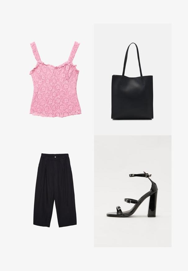 Čipkast top s tankimi, nabrano oblikovanimi naramnicami v svetlo roza barvi. Ima cvetlične vzorce in teksturirano površino, z obliko, ki se prilega telesu, in valovitim robom.; Črne poliesterske culotte hlače z elastičnim pasom, dvema sprednjima nabiranjema in ohlapnim krojem. Brez vidnih vzorcev ali kovinskih detajlov.; Črne lakirane sandale s peto, kvadratnim prstom, trakovi okrog gležnja in srebrnimi zaponkami. Opremljene so s stabilno Debelo peto.; Črna usnjena torba s svilnato teksturo, pravokotne oblike in dvema dolgima ročajema. Brez vidnih metalnih delov ali okrasnih elementov.