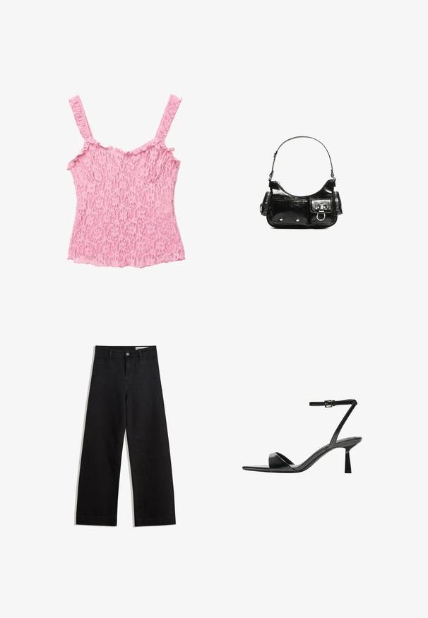 Lace top with thin, ruffled straps in light pink. Features floral patterns and a textured finish, with a fitted shape and scalloped hem.; Black wide-leg denim pants with a high waist, featuring front and back pockets, stitched seams, and a button closure. Smooth texture.; Bershka High heeled sandals - black; Black patent leather handbag with a curved shape, one shoulder strap, front pockets, and silver-tone hardware accents.