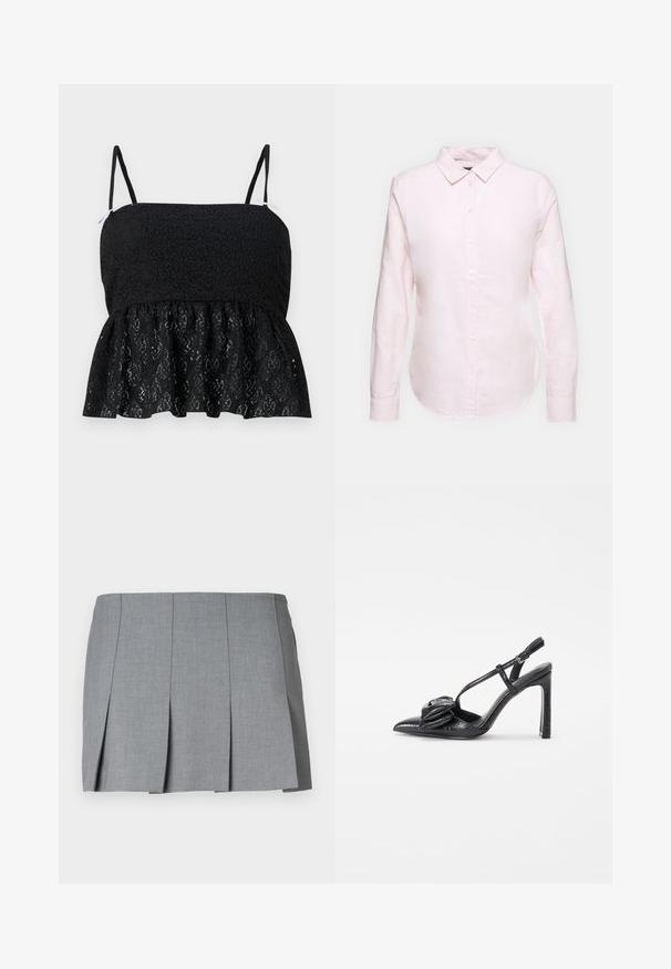 Crni čipkasti peplum top s tankim podesivim naramenicama, s teksturiranim cvjetnim uzorkom i lepršavim rubom. Glatka podstava vidljiva ispod.; Svijetloružičasta košulja dugih rukava s izrezom za dugmad, s ravnim rubom i mekanom teksturom, izrađena od lagane pamučne tkanine.; Siva plisirana suknja s glatkom teksturom, strukturnim dizajnom i prilagođenim strukom. Izrađena je od laganog materijala s suptilnim uzorkom.; Crne cipele na visokom potpetici sa špicastim prstima, sjajnom teksturom, tankim trakama i dekorativnim naboranim detaljem sprijeda.