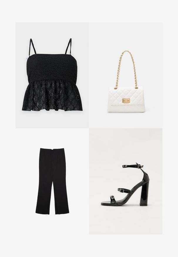 Top in pizzo nero a peplo con spalline sottili e regolabili, caratterizzato da un motivo floreale testurizzato e un orlo svasato. Fodera liscia visibile sotto.; Pantaloni neri a gamba dritta, con tasche frontali e spacchi laterali all'orlo. Realizzati in tessuto morbido e liscio. Adatti a diverse occasioni.; Sandali con tacco in vernice nera, con punta squadrata, cinturini alla caviglia e fibbie in argento. Presentano un tacco a blocco spesso per maggiore stabilità.; Borsa a tracolla bianca trapuntata con catena dorata e chiusura rettangolare. Presenta una superficie liscia e un motivo di cucitura geometrica.