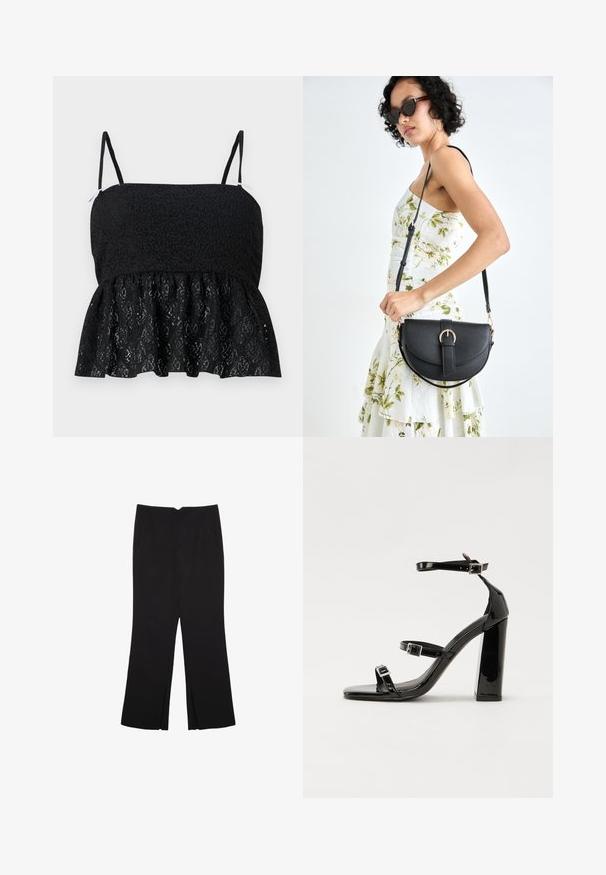 Sort blonder peplum top med tynde justerbare stropper, der har et struktureret blomster mønster og en flæset kant. Glat for fra underneden.; Sorte bukser med lige pasform, der har frontlommer og slidser i kanten. Lavet af blødt, glat stof. Velegnet til forskellige anledninger.; Sorte patenterede hælsandaler med firkantet tå, ankelremme og sølvspænder. Har en chunky blokHæl for stabilitet.; Sort læderhåndtaske med en buet form, aftagelig rem og guldfinish. Tasken har en klap med en spænde detalje.
