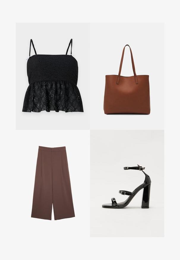 Top in pizzo nero a peplo con spalline sottili e regolabili, caratterizzato da un motivo floreale testurizzato e un orlo svasato. Fodera liscia visibile sotto.; Pantaloni ampi marroni con una texture liscia, caratterizzati da una vita alta e pieghe frontali. Il tessuto è leggero e scorre liberamente.; Sandali con tacco in vernice nera, con punta squadrata, cinturini alla caviglia e fibbie in argento. Presentano un tacco a blocco spesso per maggiore stabilità.; Borsa tote in pelle marrone con texture liscia, design con apertura superiore e due spallacci. Presenta cuciture minime e nessun hardware visibile.