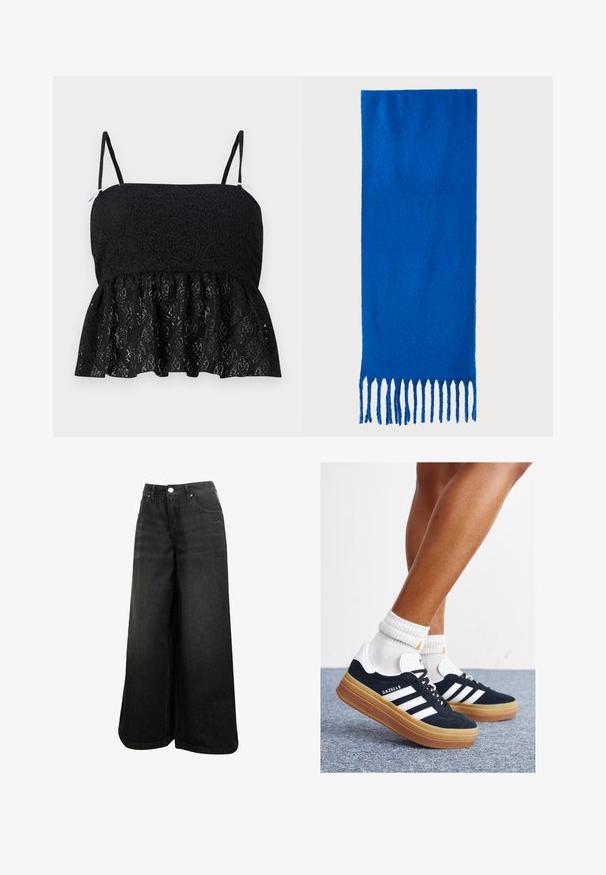 Black lace peplum top with thin adjustable straps, featuring a textured floral pattern and a flared hem. Smooth lining visible underneath.; Black wide-leg denim jeans with high waist, front button, pockets, and subtle logo on front pocket.; Black suede sneakers with white stripes and accents, rounded toe, gum rubber outsole, paired with white ribbed crew socks.; Blue fringed scarf made of soft fabric; features a solid color with a textured surface and evenly cut fringe at the bottom.; Black leather handbag with two short handles, silver hardware, white accents, and a white logo. Features a textured surface and compact design.