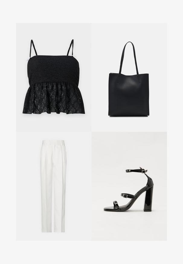 Top in pizzo nero a peplo con spalline sottili e regolabili, caratterizzato da un motivo floreale testurizzato e un orlo svasato. Fodera liscia visibile sotto.; Pantaloni bianchi a righe sottili con un design a gamba dritta, realizzati in un tessuto leggero. Presentano pince sul davanti e una vita tradizionale.; Sandali con tacco in vernice nera, con punta squadrata, cinturini alla caviglia e fibbie in argento. Presentano un tacco a blocco spesso per maggiore stabilità.; Borsa tote in pelle nera con texture liscia, forma rettangolare e due manici lunghi. Nessun hardware o decorazione visibile.